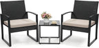 3 Piece Wicker Patio Bistro Set, Rattan Conversation Set with Coffee Table, for Balcony, Porch, Garden, Yard, Poolside, Black Frame with Beige Cushion