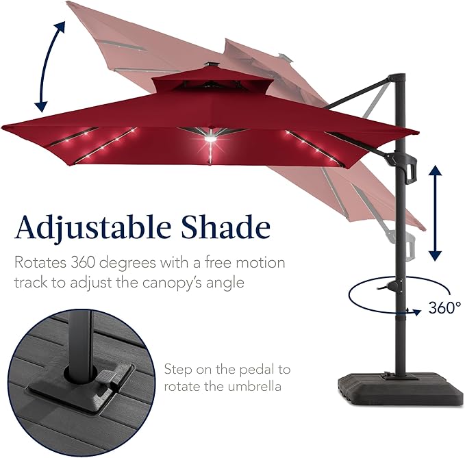 Best Choice Products 9x12ft LED Cantilever Patio Umbrella w/Base Included & 360° Rotation, Large Solar Offset Hanging Outdoor Sun Shade for Deck, Backyard Table w/Stand & Lights – Burgundy
