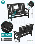 SERWALL Outdoor Bench with Cup Holder, 58" HDPE Garden Park Bench Suitable for 3 Person, All Weather Patio Benches with High Backrest and Wide Armrests for Garden, Park, Yard, Front Porch, Black