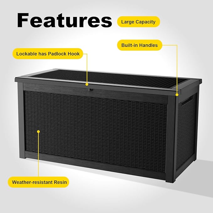 ROJIK Outdoor Storage Housing Deck Box,Waterproof Patio Furniture, Garden Tools, Cushions, Pool Accessories Storage Bench with Lockable Lid and Side Handles (Black,320 Gallon)