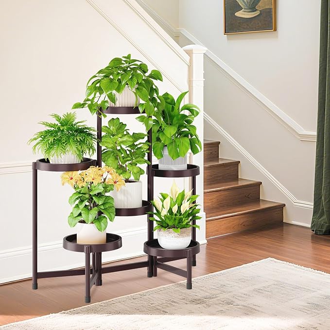 iDavosic.ly 6 Tier Folding Plant Stand Indoor Outdoor with Plastic Tray, Tiered Corner Flower Holder Shelf, Metal Orchid Display Rack for Patio Porch Living Room Garden Balcony, Bronze