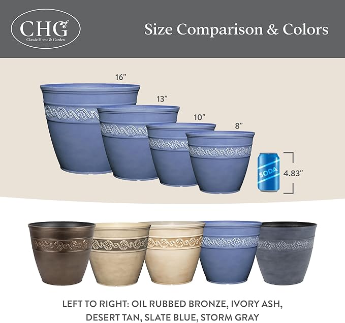 Classic Home and Garden Corinthian Round Planter, 13" Slate Blue