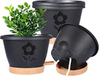 Plant Pots, Flower Pots for Indoor/Outdoor Plants, Self Watering Plastic Planters Pots with Drainage Holes, Saucer & Reservoir, Decorative Nursery Planting Pots(10 Inch Set of 4) (Black)