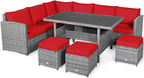 Tangkula 7 Pieces Patio Furniture Set, Outdoor Sectional Rattan Sofa Set with Cushions, All Weather Wicker Conversation Couch Set w/Dining Table & Ottomans for Backyard Garden Poolside