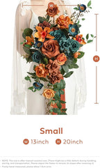 Artificial Bridal Bouquet with Pearls, Teal and Orange Silk Flowers