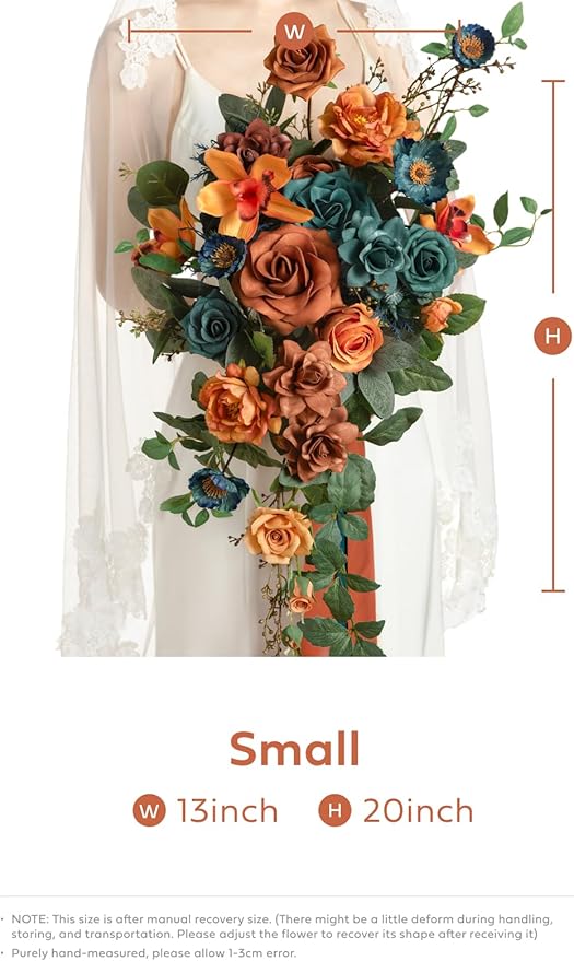 Artificial Bridal Bouquet with Pearls, Teal and Orange Silk Flowers
