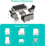 9-Piece Outdoor Patio Furniture Set with Rocking Swivel Chair Wicker Sectional Sofa Set, Patio Conversation Set with Thickened Cushions & Coffee Table for Garden, Backyard, Dark Grey