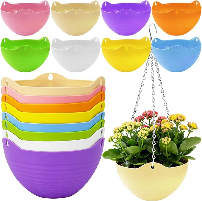 Bvrbaory 8 Pack Multicolor Hanging Planter Pots,8 Colors Garden Hanging Planters,Round Hanging Basket Pot for Indoor Outdoor Garden,Home Decor,with Water Tray Metal Chain