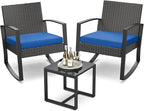 3 Piece Patio Bistro Set Patio Furniture Set Outdoor Wicker Rocking Furniture Conversation Set with Tempered Glass Coffee Table for for Front Porch Balcony and Deck (Blue Cushion)