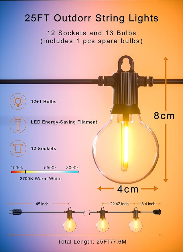 String Lights, 25 ft Warm White Shatterproof LED, 12 Plastic Bulbs