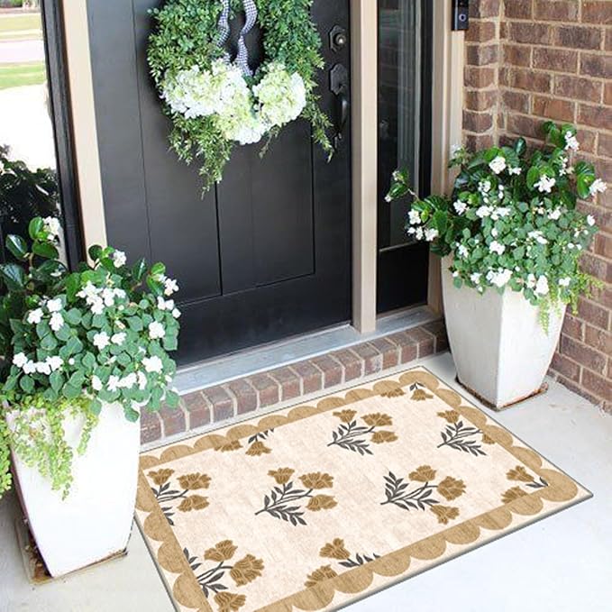 Outdoor Rug, 2 x 3 ft Floral Scalloped Edge Entry Mat in Beige