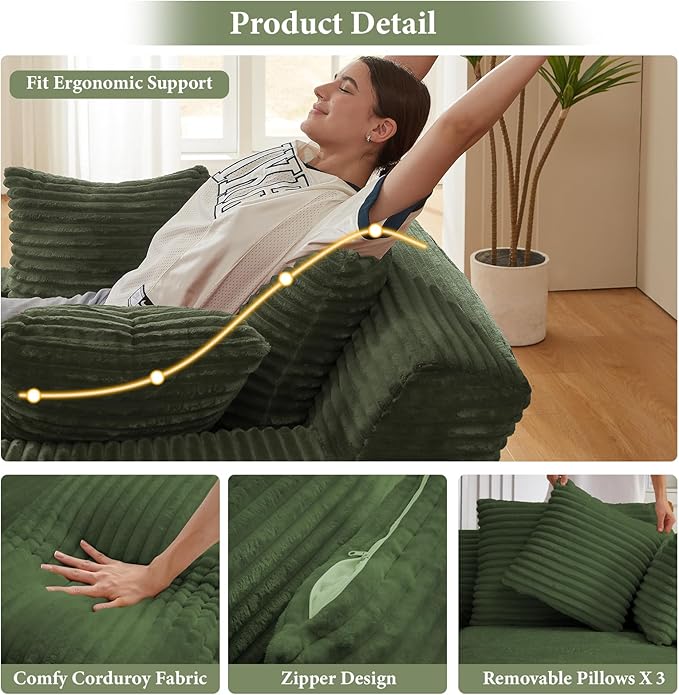 78.7" Chaise Lounge Chair Indoor, Oversized Boneless Couch Comfy Upholstered Sleeper Sofa Bed with 3 Pillows, Corduroy Cloud Reading Chair for Living Room No Assembly Required, Green
