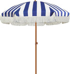 AMMSUN 7ft Patio Umbrella with Fringe Outdoor Tassel Umbrella UPF50+ Wood Color Steel Pole and Steel Ribs Push Button Tilt, Navy Stripe