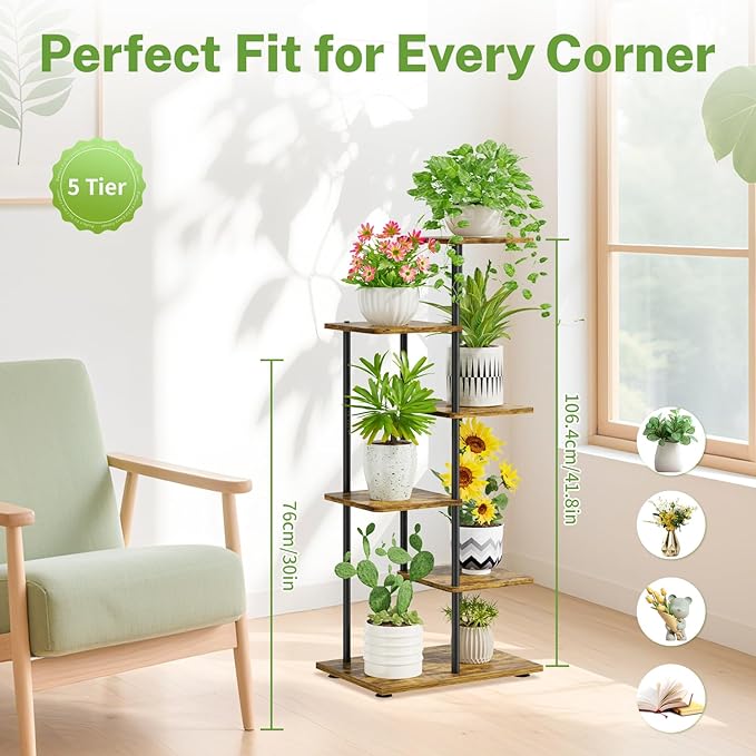 iDavosic.ly 5 Tier Plant Stand Indoor, Tiered Corner Metal Wood Multiple Flower Holder Shelf, 42 Inch Tall Orchid Display Rack for Patio Porch Living Room Balcony Outdoor, Modern Black & Rustic Brown
