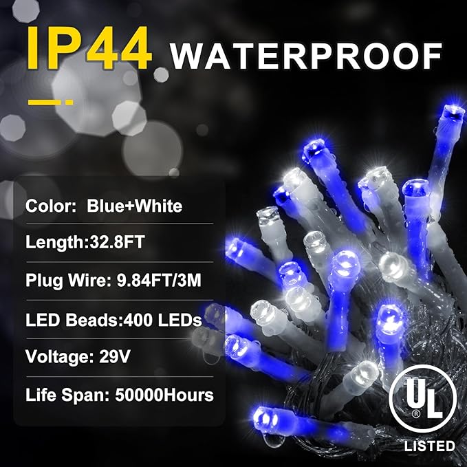 String Lights 400 LED 33ft Blue and White Outdoor Christmas Lights