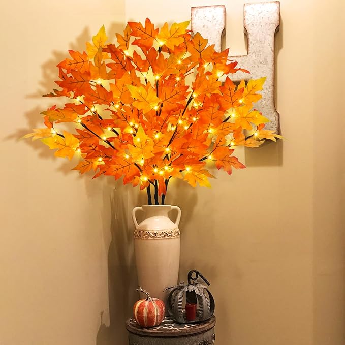 Artificial Maple Leaves Branches, 3-Pack 30-Inch Orange LED Lighted Stems