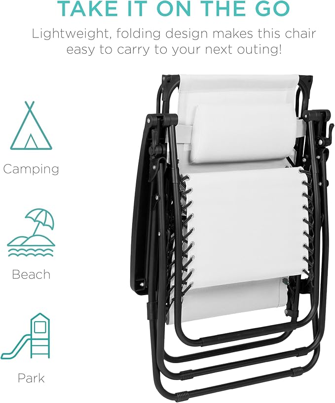 Best Choice Products Folding Zero Gravity Outdoor Recliner Patio Lounge Chair w/Adjustable Canopy Shade, Headrest, Side Accessory Tray, Textilene Mesh - Snow/Black