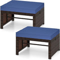 Tangkula 2 Pieces Patio PE Rattan Ottomans, Multipurpose Outdoor Footstool Footrest Additional Seating Side Table with Soft Zippered Cushions for Deck, Garden, Poolside and Yard (Navy Blue)