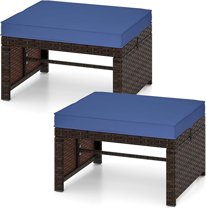 Tangkula 2 Pieces Patio PE Rattan Ottomans, Multipurpose Outdoor Footstool Footrest Additional Seating Side Table with Soft Zippered Cushions for Deck, Garden, Poolside and Yard (Navy Blue)