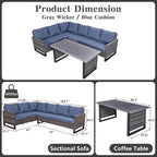 Belord Outdoor Sectional Sofa 6 Seater L Shaped Couch Wicker Patio Conversation Furniture Set with Tree-Grain Finish Metal Dining Table, Rattan Outdoor Furniture with Removable Washable Cushion Blue