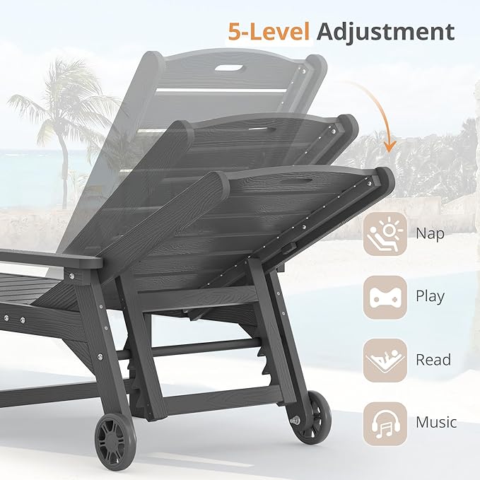 LUE BONA Outdoor Chaise Lounge Chairs Set of 4, HDPS Chaise Lounger, 5 Positions Adjustable Lounge Chairs, Pool Lounge Chair with Wheels for Poolside, Dark Gray
