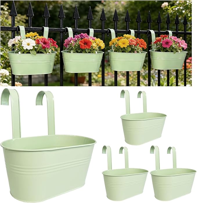 Balcony Hanging Planters Flower Pots, 10" Metal Flower Pots for Outdoor Balcony Rails, Fence Pot Hanging Plant Holders with Detachable Hooks for Garden Patio Yard Decor (Mint Green, 4Pcs)