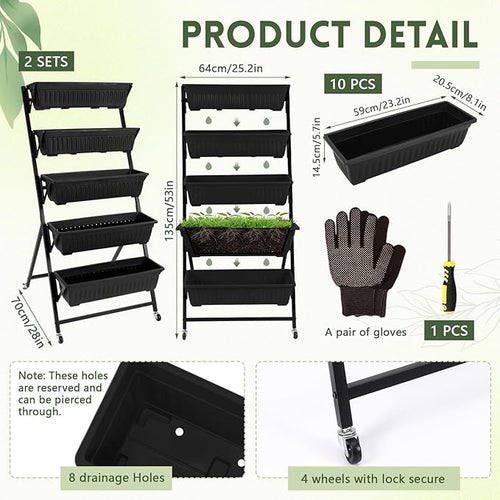 2 Pack 5-Tier Vertical Garden Planter 4.5 ft Tall Raised Garden Bed with Lockable Wheels & Drainage, Removable Elevated Herb Vegetable Flower Planter for Patio Deck Indoor Outdoor(Black)