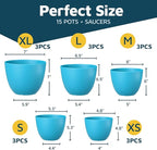 Blue Plant Pots with Drainage Holes & Saucers 15 Pack, Indoor & Outdoor Stackable Space-Saving Planters for Houseplants & Flowers, (7", 6.7", 6", 5.3", and 4.8" Inches), Durable & Weatherproof