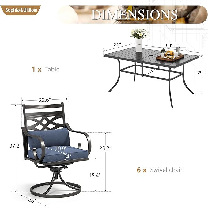 Sophia and William Swivel Patio Dining Set for 6, Outdoor Table and Chairs, Removable Blue Seat Cushions, 60" Black Patio Dining Table,Blue