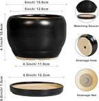 SQOWL Ceramic Plant Pot - 6 Inch Planter for Indoor Plants, Round Flower Pot with Drainage Hole and Saucer, Modern Succulent Planter Outdoor, House Decor, Plant Lovers Gifts, Black