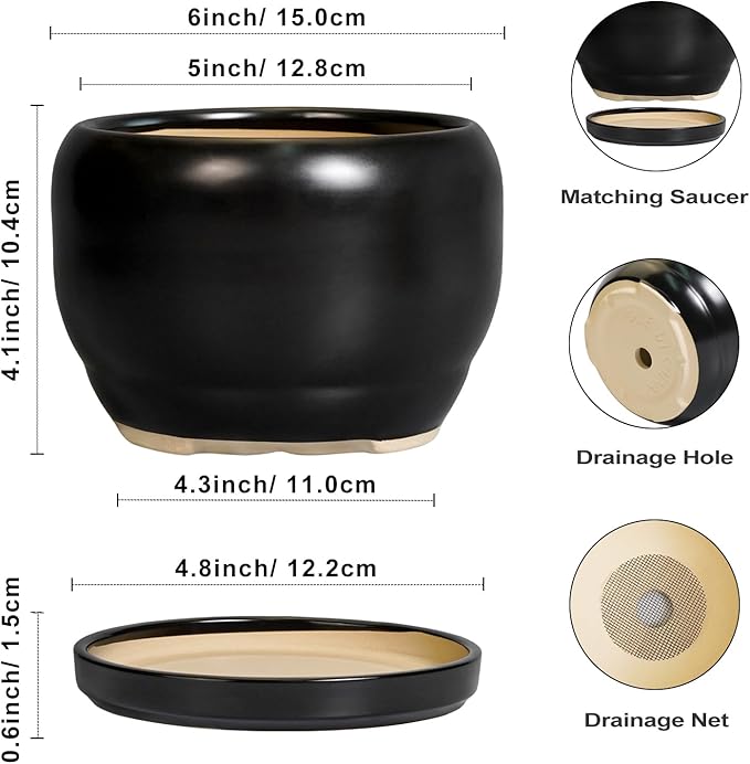 SQOWL Ceramic Plant Pot - 6 Inch Planter for Indoor Plants, Round Flower Pot with Drainage Hole and Saucer, Modern Succulent Planter Outdoor, House Decor, Plant Lovers Gifts, Black