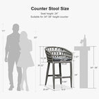 PURPLE LEAF Outdoor Rattan 24" Counter Height Bar Stools Chair Set of 2, Modern Patio Wicker Barstool with Backrest for Indoor and Outdoor, Kitchen Island, Smoke Grey