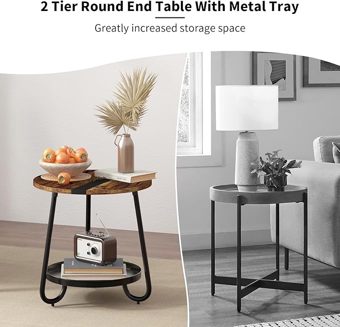 2 Tier Coffee Table in Living Room, Industrial Style Round Coffee Table with Metal Tray, Wood Small Outdoor Coffee Table for Bedroom Balcony Patio, Rustic Brown