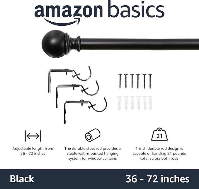 Amazon Basics Adjustable Curtain Rod for Windows, Round Finials, Easy Installation, Sturdy, 1-Inch Rod, 36" to 72", Black, 2-Pack