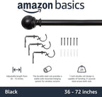 Amazon Basics Adjustable Curtain Rod for Windows, Round Finials, Easy Installation, Sturdy, 1-Inch Rod, 36" to 72", Black, 2-Pack