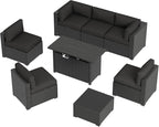 Aoxun 8 Piece Patio Furniture Set with 44” Fire Pit Table, Wicker Rattan Patio Sectional Sofa, Outdoor Furniture Set with Thickened Cushion, Black