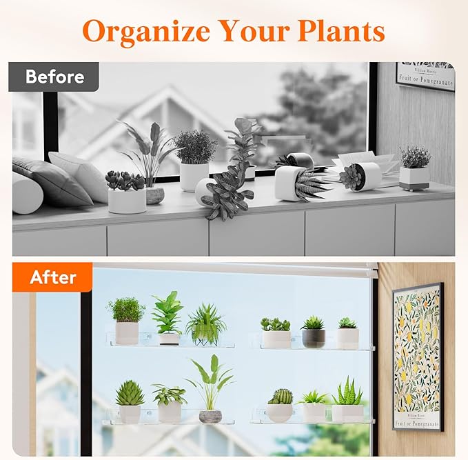 Lifewit Window Plant Floating Shelves 14.6x3.6, 4 Pack Acrylic Suction Cup Shelf, Window Sill Extender for Indoor Succulent Plants, Micro Greens, Seed Starter Pots, Herb Planters 37 x 9 cm/14.6x3.6