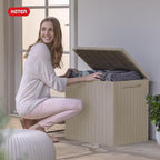 Keter City 30 Gallon Resin Outdoor Storage Box & Patio Side Table for Balcony, Pool, Deck & Garden Accessories, Weather‑Resistant, Beige