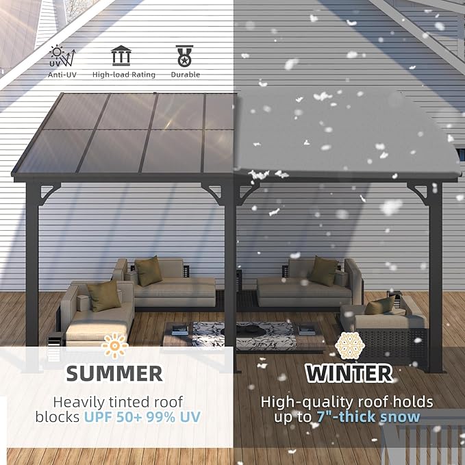 AECOJOY 10' x 14' Adjustable Height Outdoor Lean to Gazebo Pergola for Patio, Large Wall-Mounted 6.5-9.8 Ft Hard Top Metal Heavy Duty Metal Awnings Shelter Pergolas and Gazebos Clearance with Roof