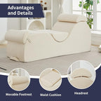 ijuicy Sleek Chaise Lounge Chair for Yoga/Exercise, Indoor Lounger with Headrest, Waist Cushion, Movable Footrest, Side Pockets, Non-Slip Bottom - High Density Sponge, Beige