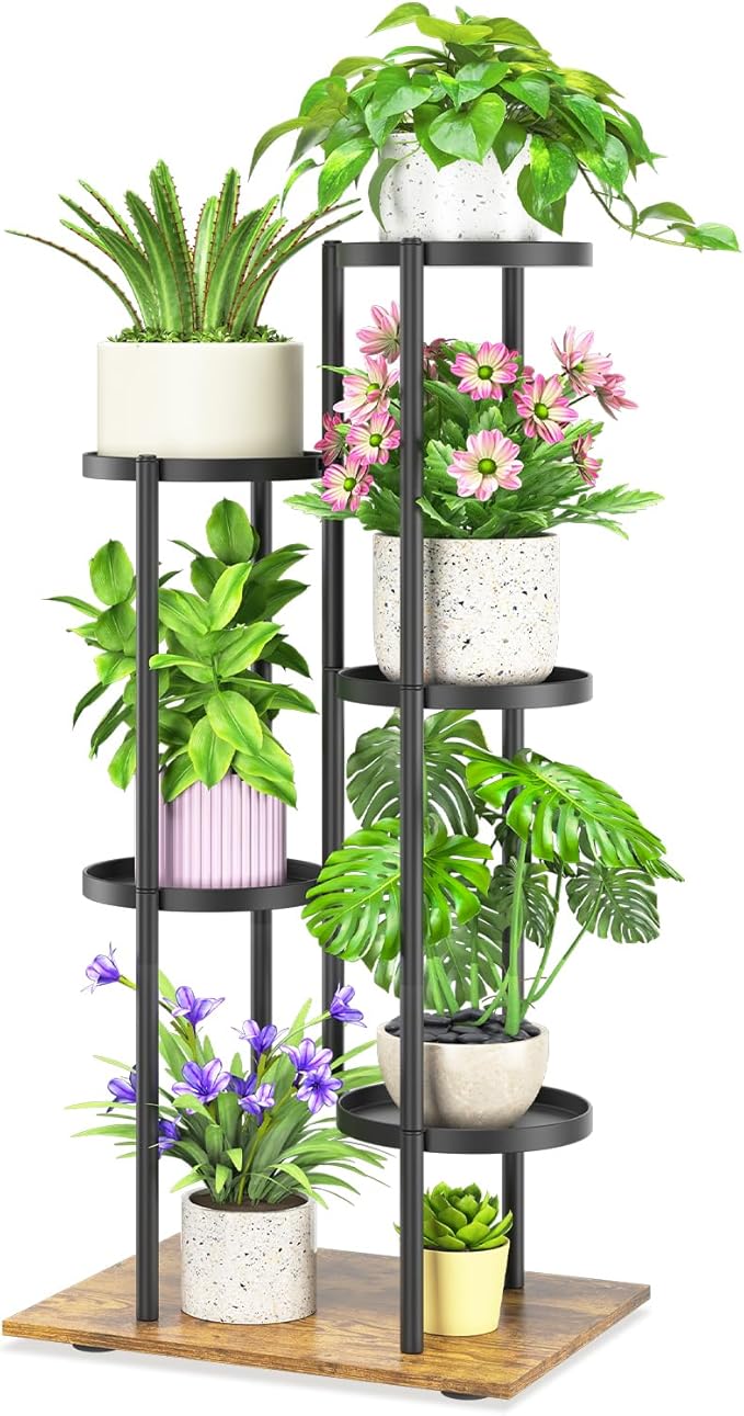 iDavosic.ly 5 Tier Plant Stand Indoor Outdoor, Tiered Corner Multiple Flower Pot Holder Shelf, Metal 37 Inch Tall Display Rack for Patio Porch Living Room Garden Balcony, Modern Black & Rustic Brown