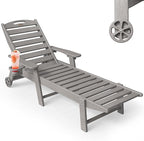 Chaise Lounge Outdoor, Lounge Chair Outdoor with Wood Texture, Adjustable 5-Position Backrest, HDPE Lounge Chair with Wheels & Cup Holder for Pool Deck Backyard, Light Grey