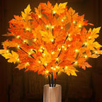 Artificial Maple Leaves Branches, 3-Pack 30-Inch Orange LED Lighted Stems