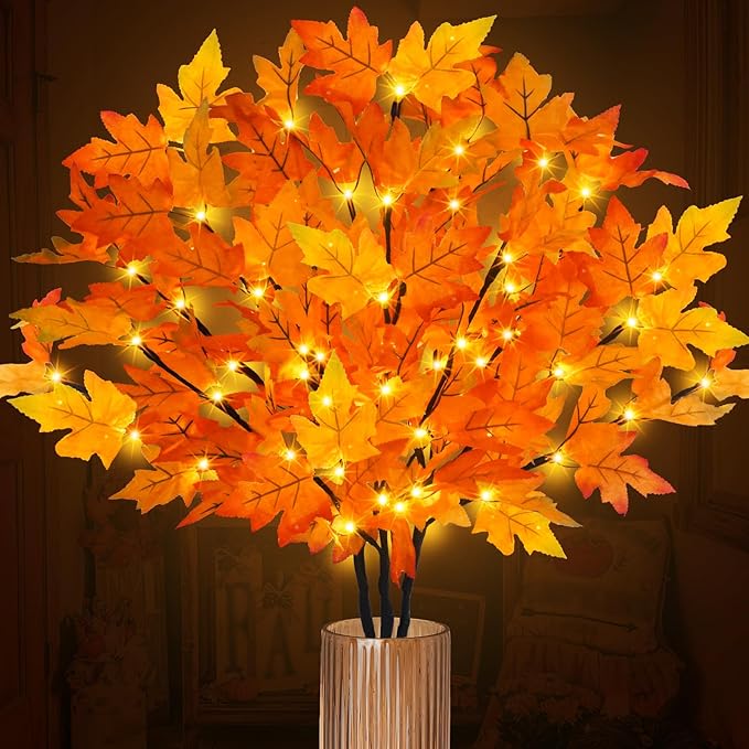 Artificial Maple Leaves Branches, 3-Pack 30-Inch Orange LED Lighted Stems