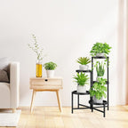 iDavosic.ly 5 Tier Large Plant Stand with Garden Tools, Tiered Corner Metal Indoor Outdoor Flower Display Holder Shelf with 10 Inch Wide Tray, Folding Tall Rack for Patio Porch Living Room, Black