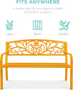 Best Choice Products Outdoor Bench Steel Garden Patio Porch Furniture for Lawn, Park, Deck w/Floral Design Backrest, Slatted Seat - Marigold