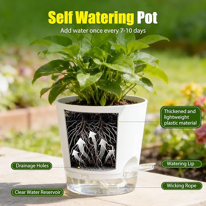 Plant Pots 4 Inch Self Watering Pots,6 Pack Plastic Planters with Drainage Holes and Clear Saucers,Plastic Flower Pots,Nursery Planting Pot for Indoor Out Door Plants (White)