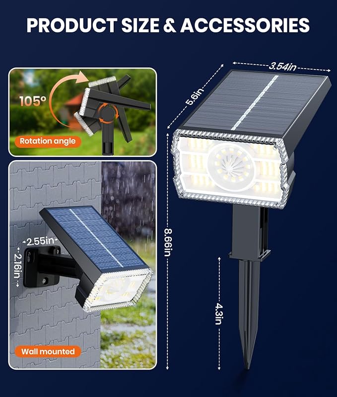 2-Pack Solar Lights Outdoor Waterproof IP67, 3 Color Modes (Warm/Cool White & Hybrid) with 3 Lighting Modes, 105° Adjustable Dusk to Dawn Solar Spotlights for Pathway/Garden/Yard Wall/Ground Lighting