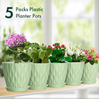 6 inch Plant Pots, 5 Set Water Ripples Flower Pots for Indoor Outdoor Plants, Plastic Planters with Drainage Holes and Saucers, Nursery Pots for Small Succulent Garden House Plants, Green