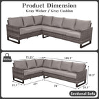 Belord Outdoor Sectional Sofa 6 Seater L Shaped Couch Wicker Patio Conversation Furniture Set Rattan Outdoor Furniture with Removable Washable Cushion Grey